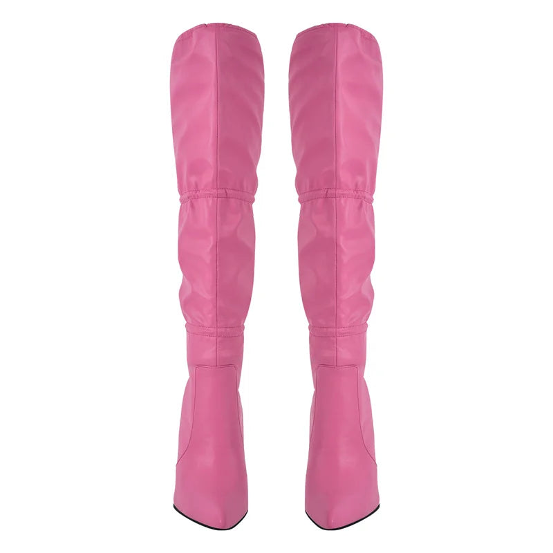 Onlymaker Women Pink Faux Leather Drawstring Knee High Boots 10.5cm Thin Heels Big Size  Boots