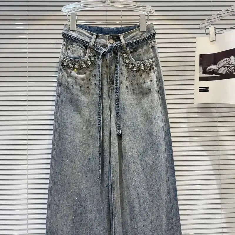 Spring New Arrival Fashion Women's Gradient Wide Leg Jeans Rhinestone Gradient Bead Belt Denim Pants Female 11A03405