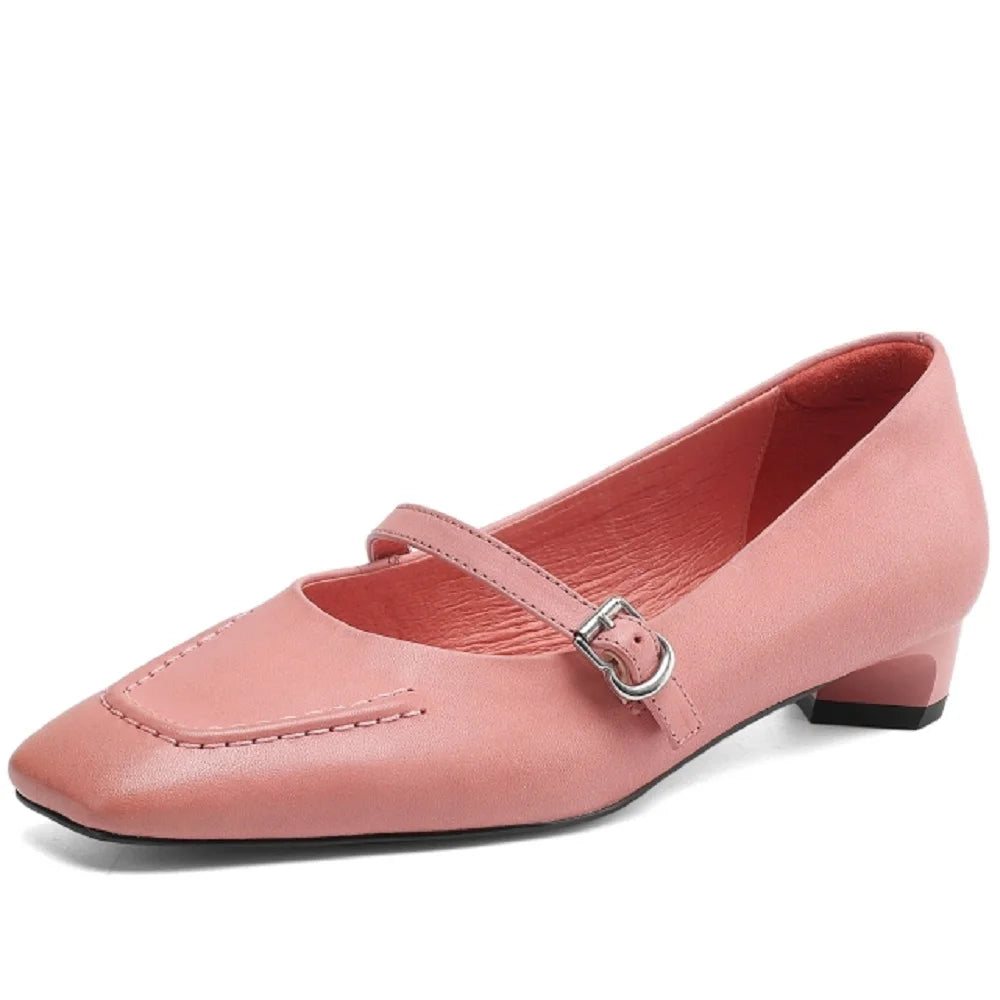 women Handmade Brand Genuine leather Mid heel square toe slip-on Mary Jane Mid Hell elegant ladies shoes 34-41