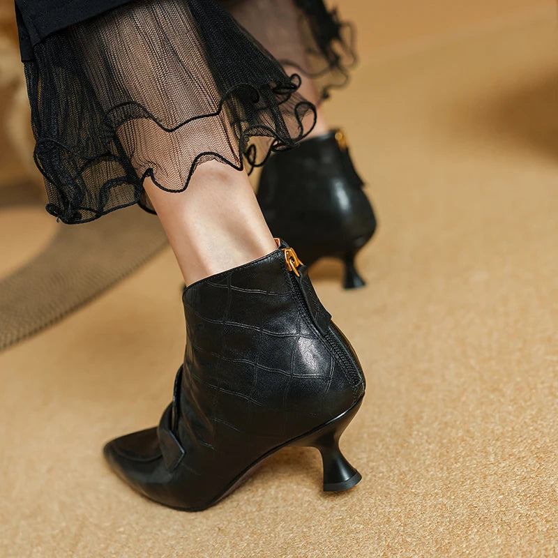New Women Handmade Boots Mid heel Genuine Leather Shoes Pointed Toe Ankle Boots Chunky Shoes Western Boots 34-40