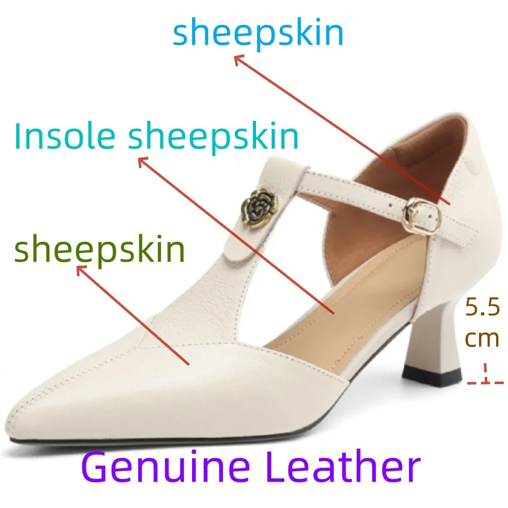 Handmade Genuine Leather Retro Sle with Buckle Design Hollow out Tea Flower Pattern Mid Heel Single Shoes 34-40