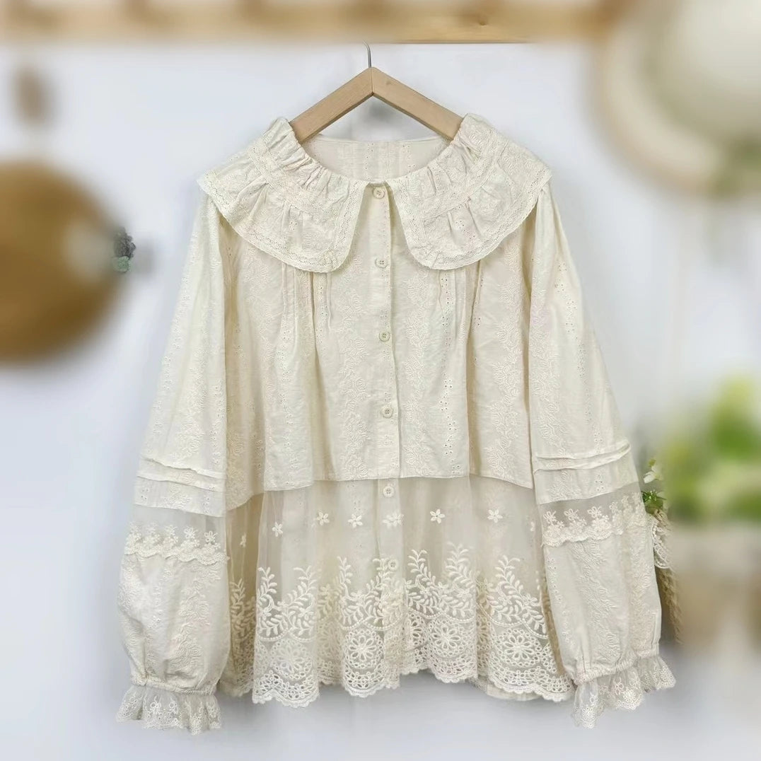 Rococo Victorian Vintage Cotton Lace Embroidery Patchwork Shirt 2025 Summer Ruffled Collar Organza Cottage Core Retro Chic Tops