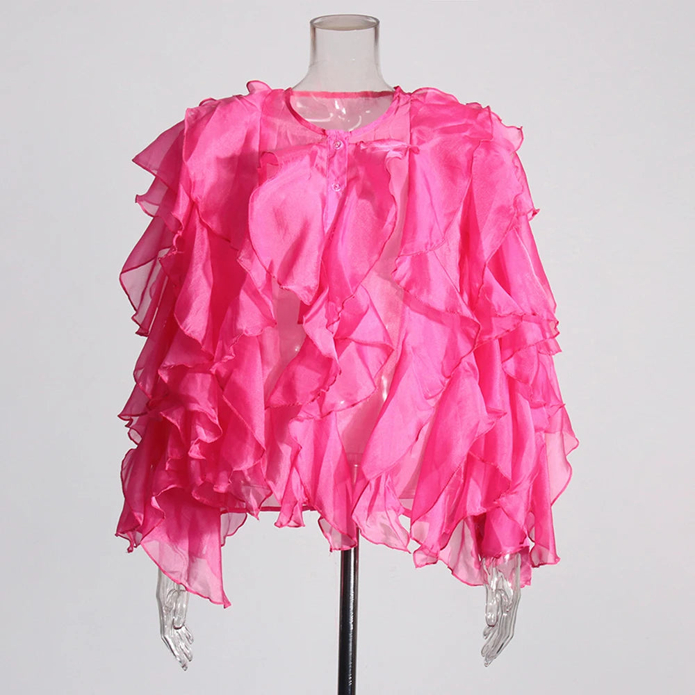 Chic Spliced Ruffles Solid Color Blouse for Women V Neck Long Sleeve Patchwork Sheer Design Loose Shirt Female Fashion Style