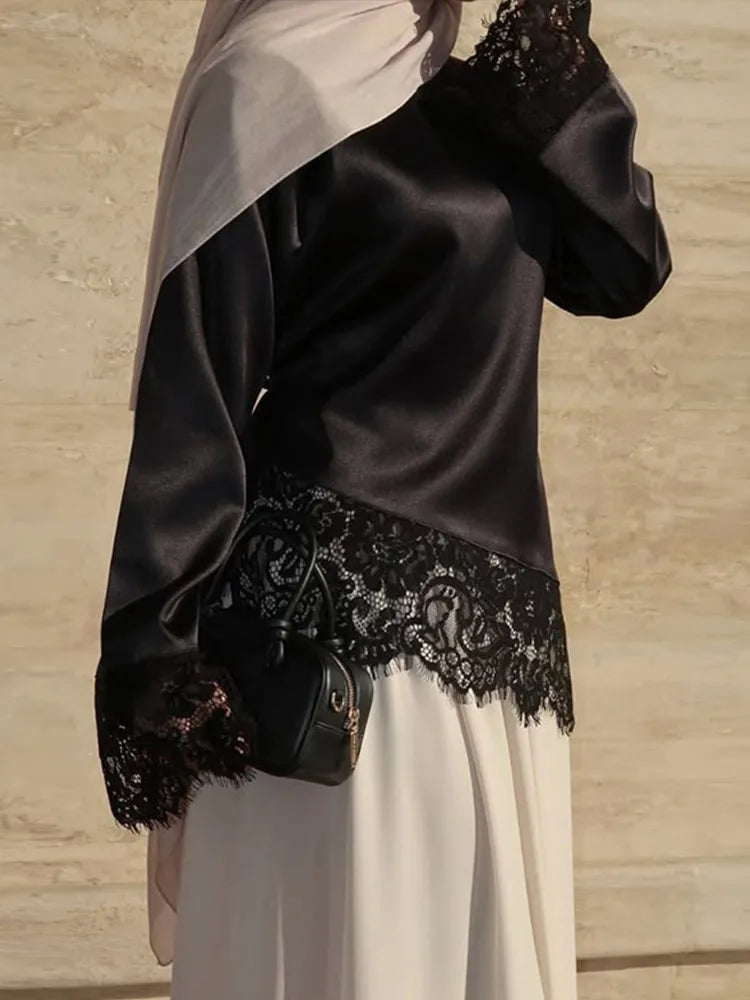 Elegant Solid Lace Trim Satin Blouse For Women Fashion O-neck Long Sleeve Lace Up Waist Tops Lady 2026 Spring Chic Streetwear