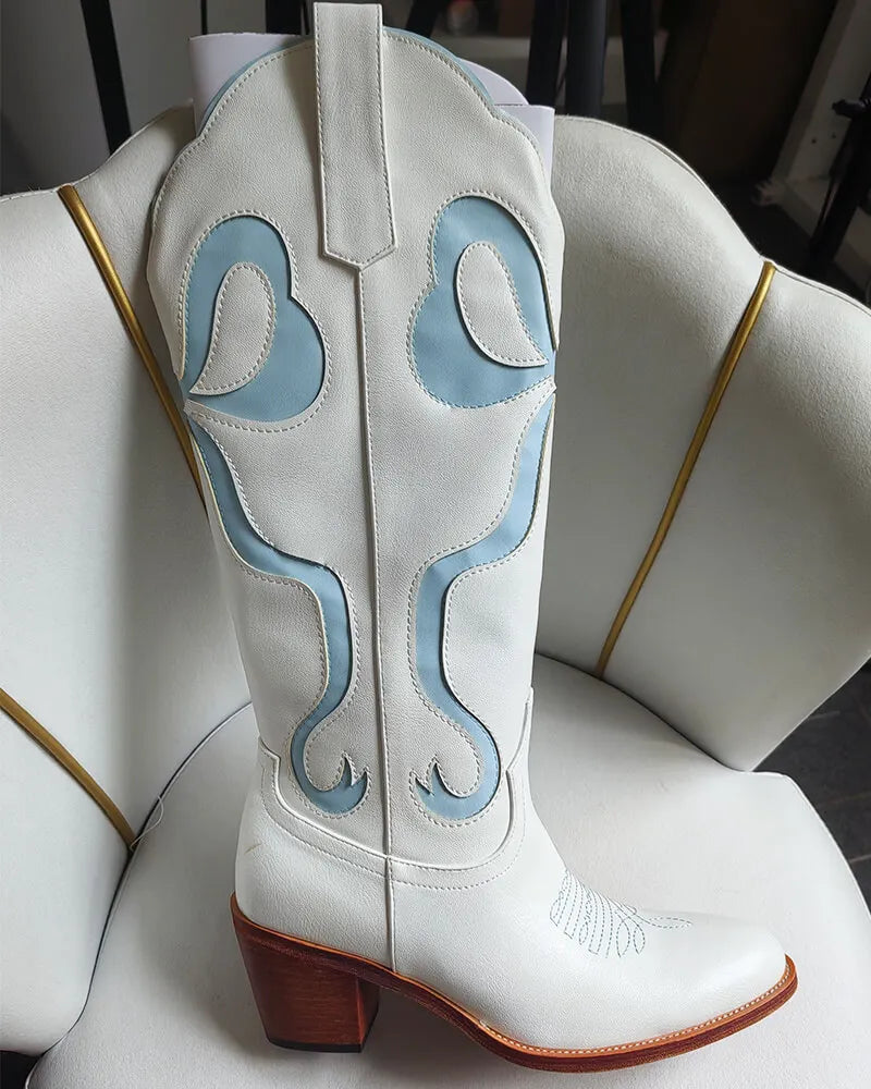 Onlymaker Women White  Pull-on Knee High Cowgirl Boots with Bow  Big Size Comfy Women Cowboy Boots