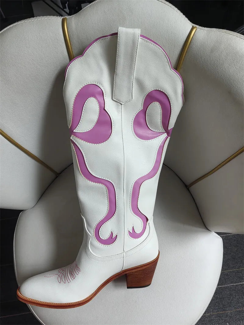 Onlymaker Women White  Pull-on Knee High Cowgirl Boots with Bow  Big Size Comfy Women Cowboy Boots