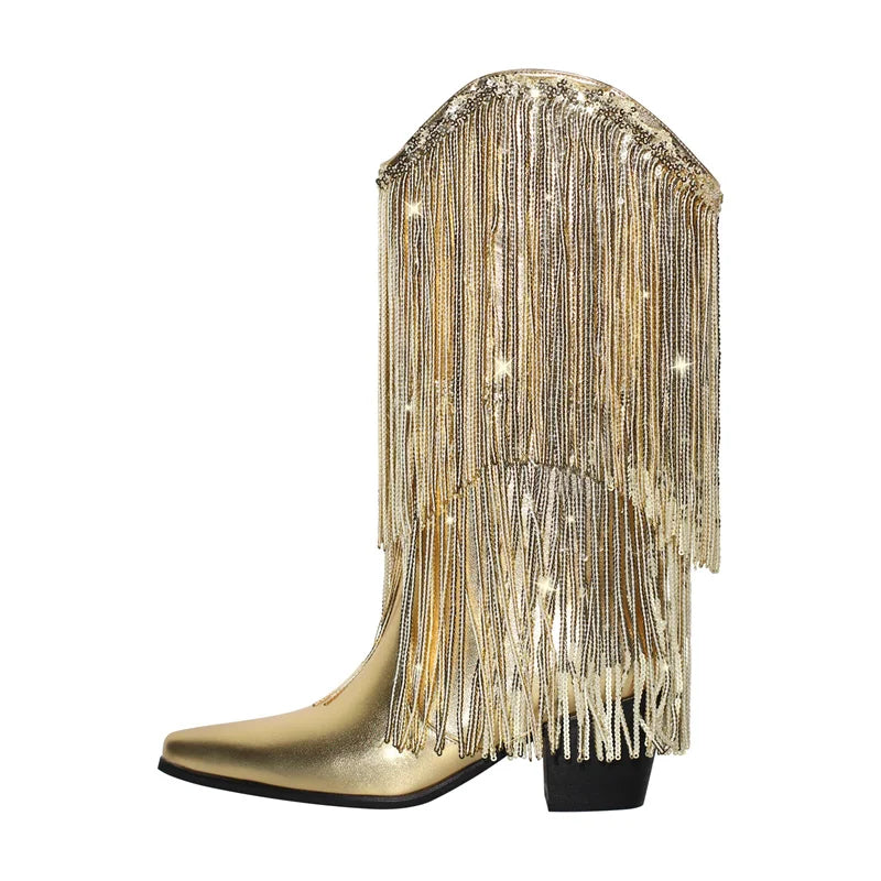 Female Black Rhinestone Mid-Calf Fringe Cowboy Boots Bling Party Women Boots