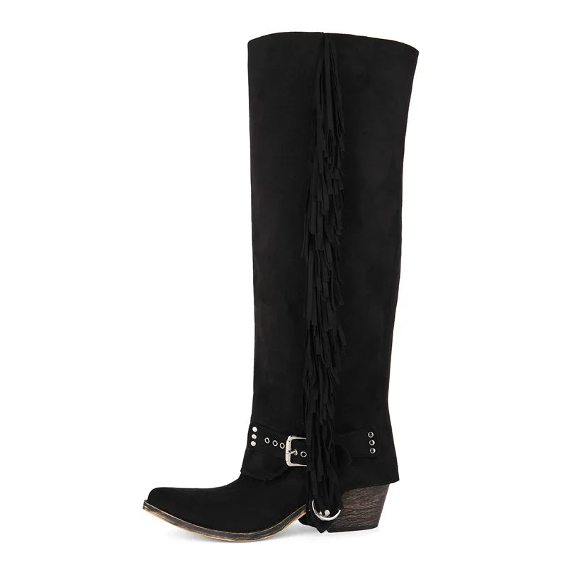 Onlymaker Women Pointed Toe Removable Fringe Brown Faux Suede leather Knee High Boots Big Size Chunky Heel Winter boots