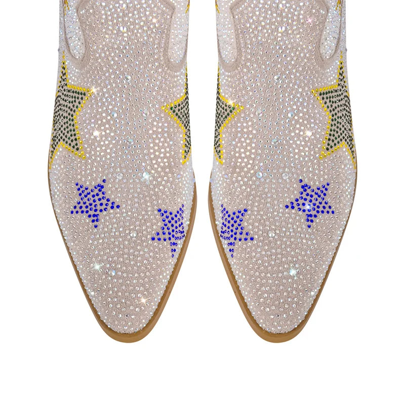 Onlymaker Women Rhinestone  Mid-Calf Boots Glitter Bling Shiny Western Pointed Toe Block Heel Pull-On Cowgirl Booties