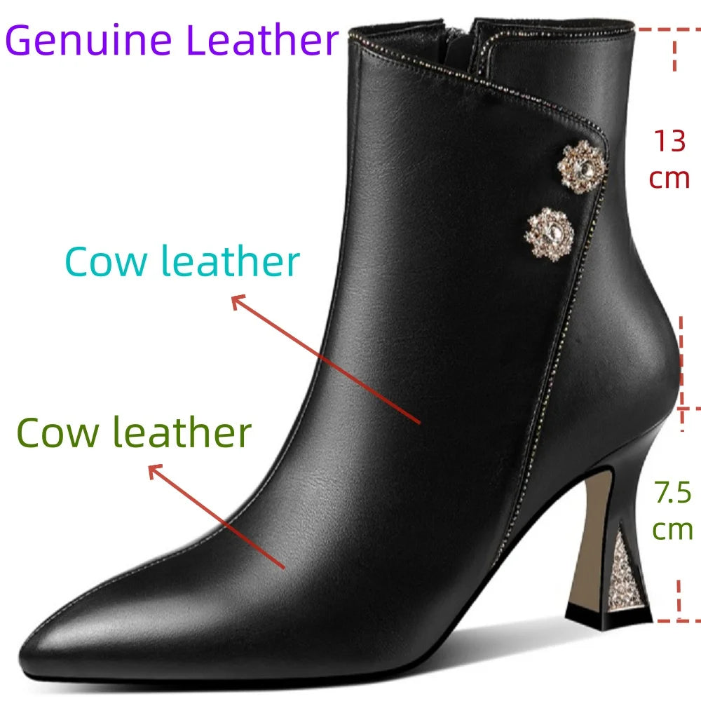 Women Handmade Genuine Leather Soft and comfortable New Autumn Winter High Heel Pointed Toe Fce Lined ular 33-43