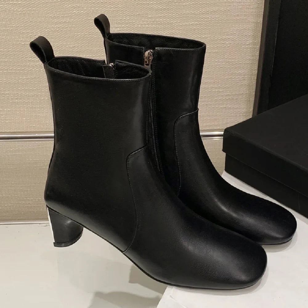 New Handmade Genuine Leather women's Round Toe Med Heels Ankle Boots For Party Dating Shoes Office Lady 33-40