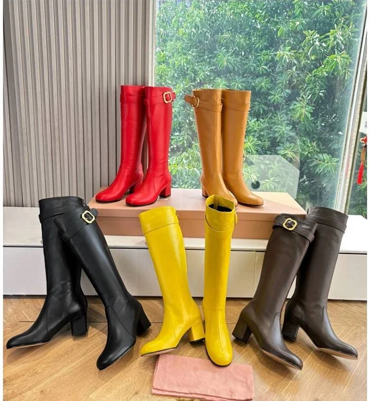 Women's New Thick High Heels Knee High Boots Autumn and Winter Round Toe Buckle Fashionable Mid Heel Boots Women's Short Boots