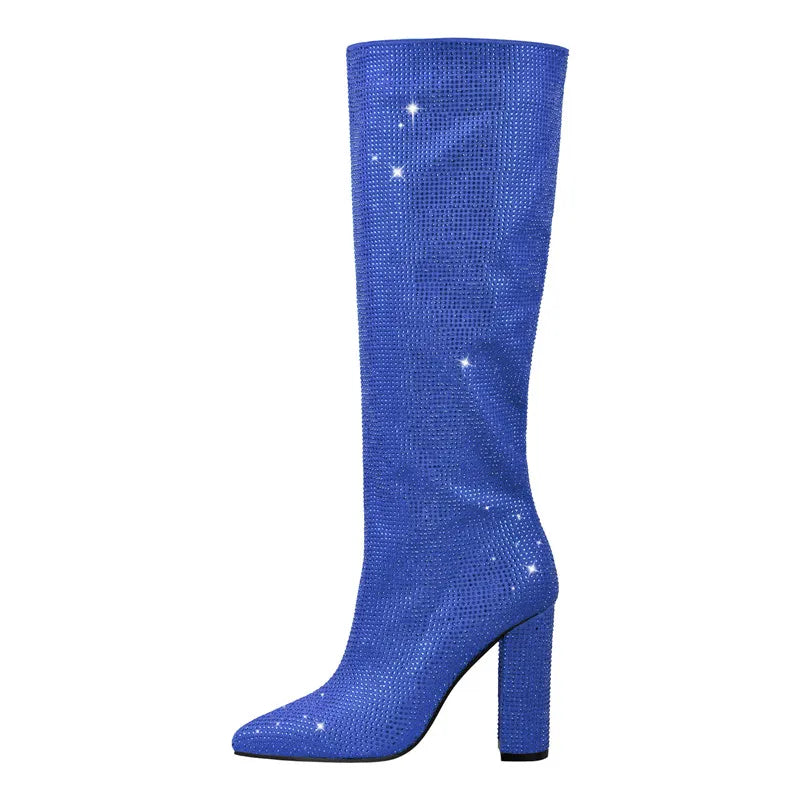 Onlymaker Women Pointed Toe Zipper Square Heels Boots Luxury  Rhinestones Bling Fashion Party Dress Big Size Lady Boots
