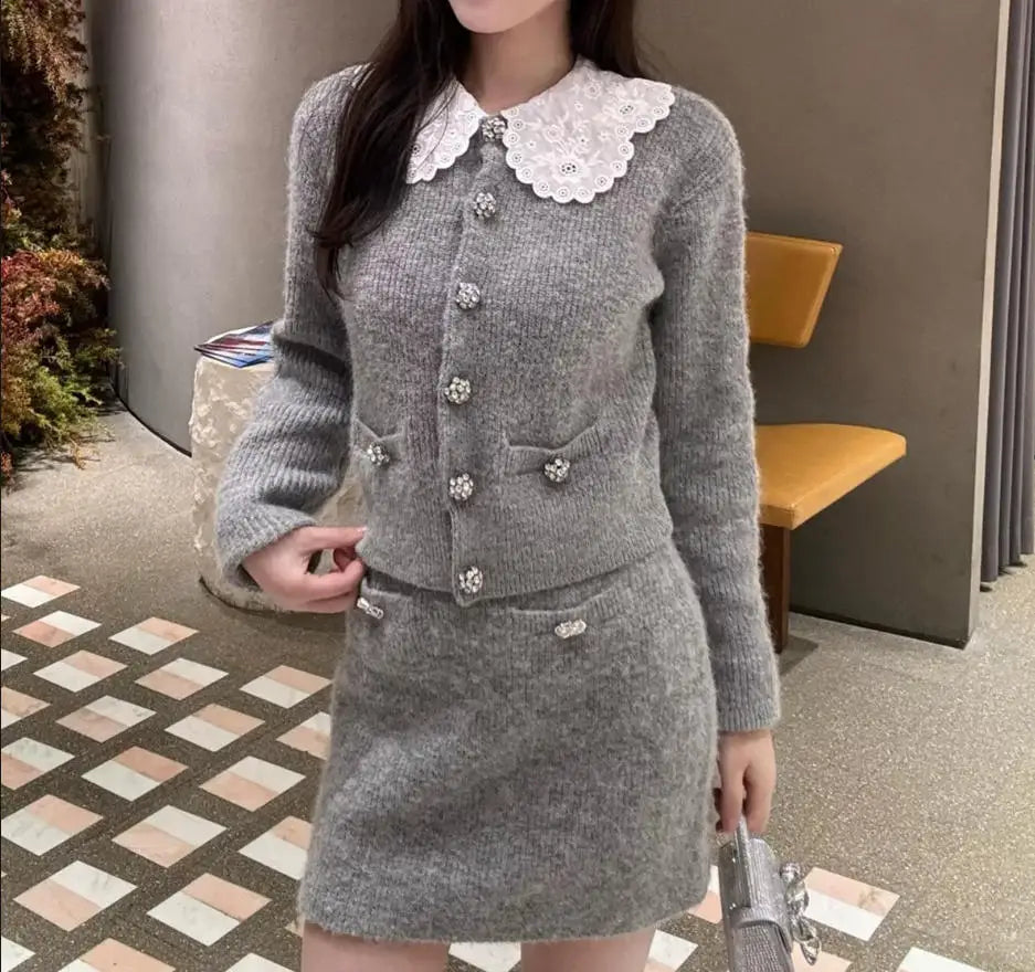 Gray Women's Sweet Knit Cardigan with Embroidered Peter 2026