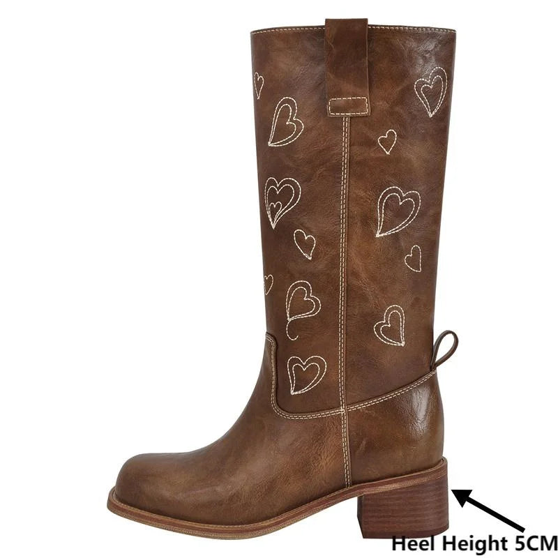 Women Gothic Knee High Boots Heeled Metal Fashion Chocolate Matte Motorcycle Boots