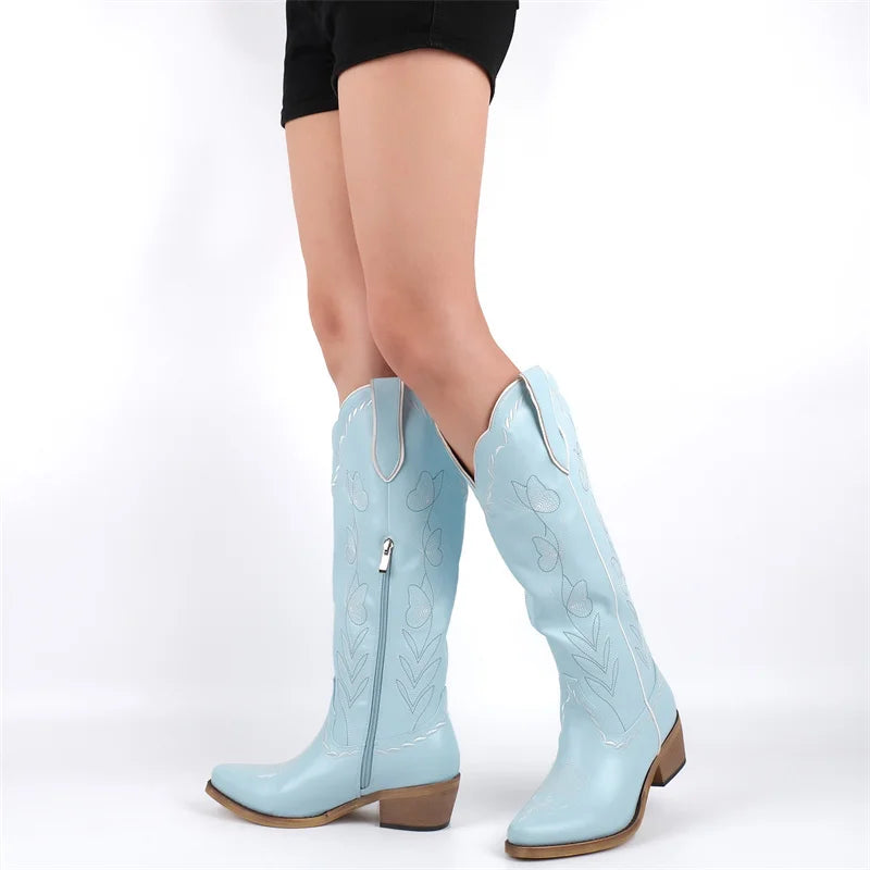 Onlymaker Women Pink Pointed Toe Pull-on Knee High Cowgirl Boots Big Size Comfy Female Mid Calf Chunky Heels Cowboy Boots