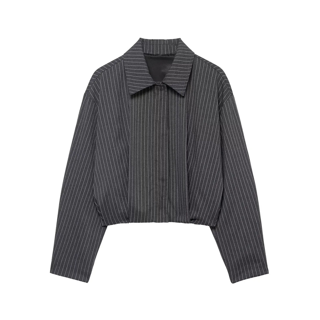 Women Striped Cropped Bomber Jacket Turn-down Collar Spring Summer Short Coat Outerwear