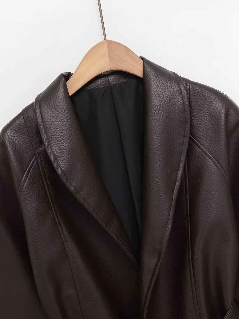 Women's PU Leather Vintage Wrap Jacket Belted High Neck Short Coat 2026 Spring Minimalist Retro Urban Fashion Outerwear