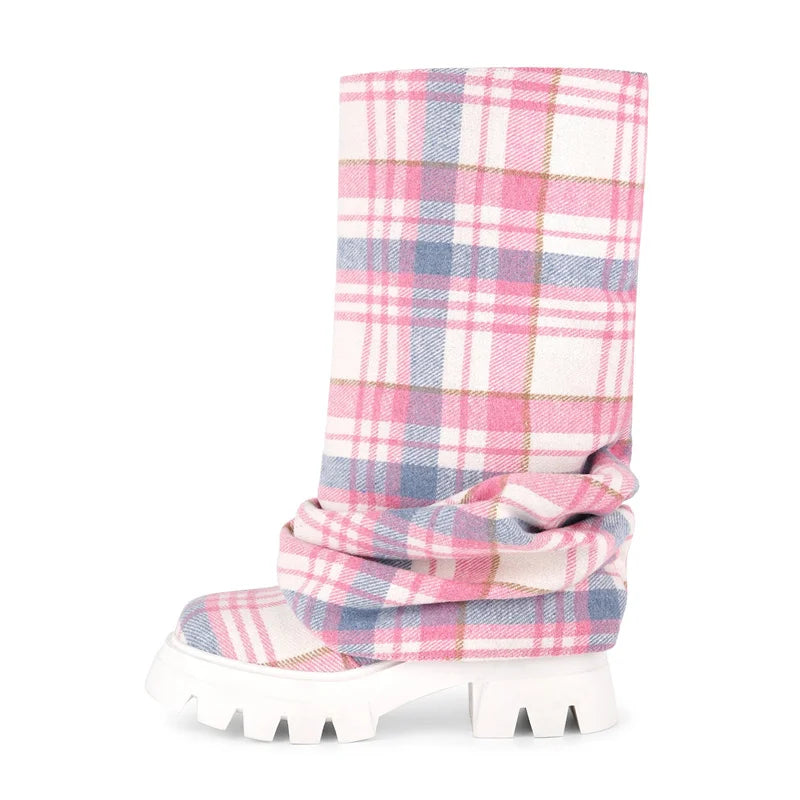 Onlymaker Women Platform  Pleated Fold Over Boots Round Toe Handmade Female Fashion Mid-Calf Boots