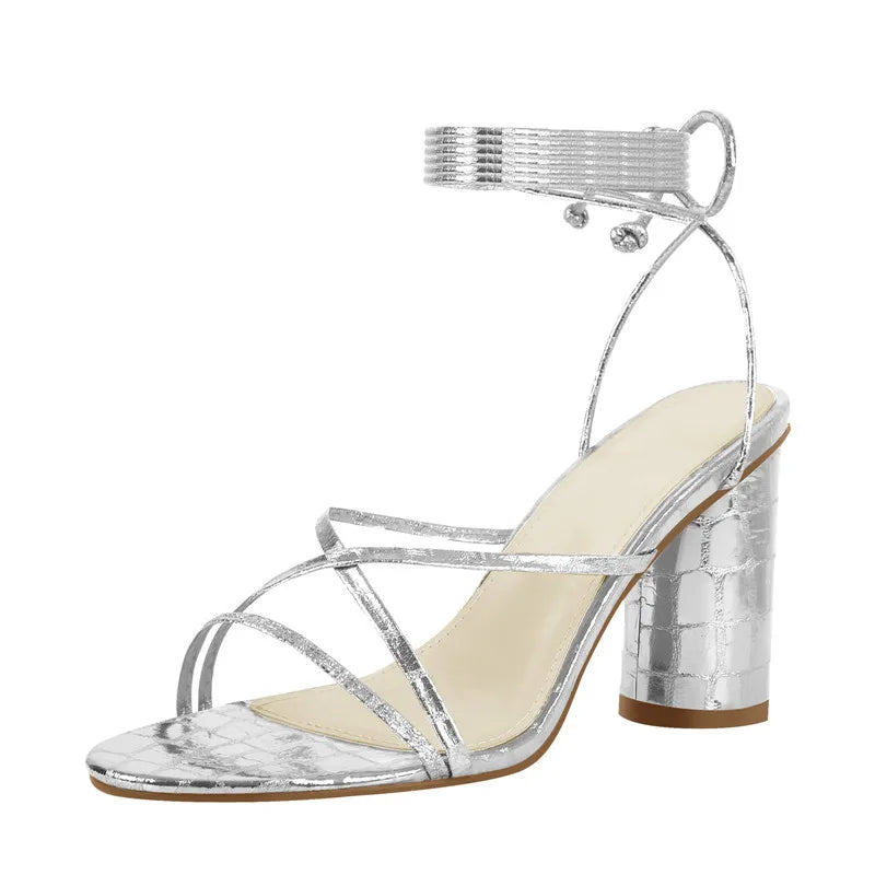 Women Peep Toe Block Chunky High Heel Lace up Open Toe Big Size Dress Sandals