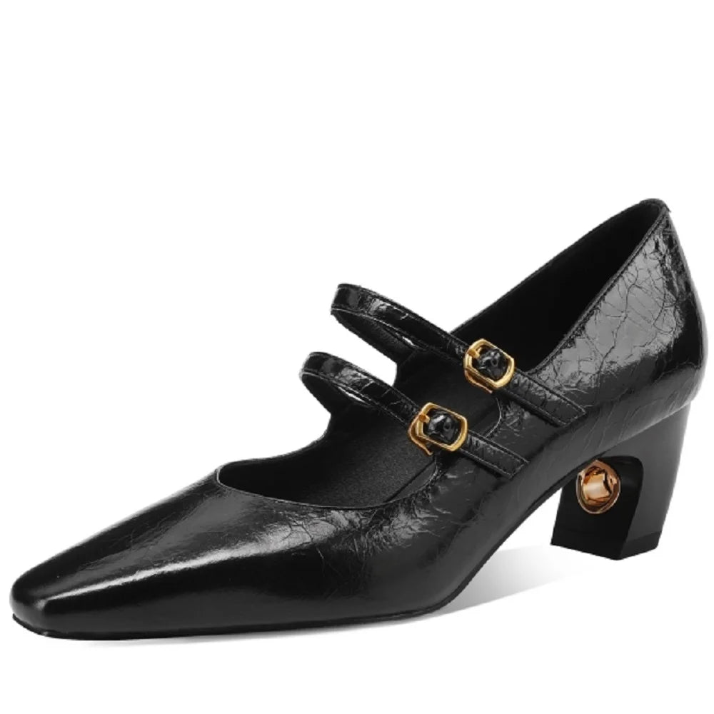Women Handmade Genuine Leather square toe metal buckle Mary Jane elegant ladies Mid heel evening dress shoe 33-43