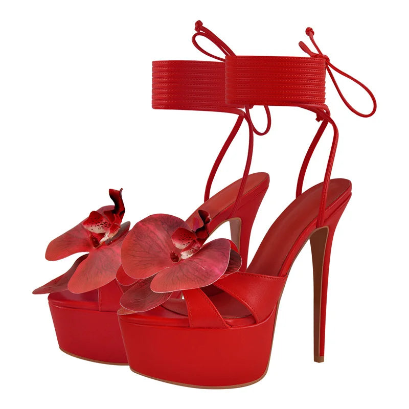 Women Flower Open Toe Pink Platform High Heeled Big Size Women Lace Up Stiletto Sexy Summer Sandals
