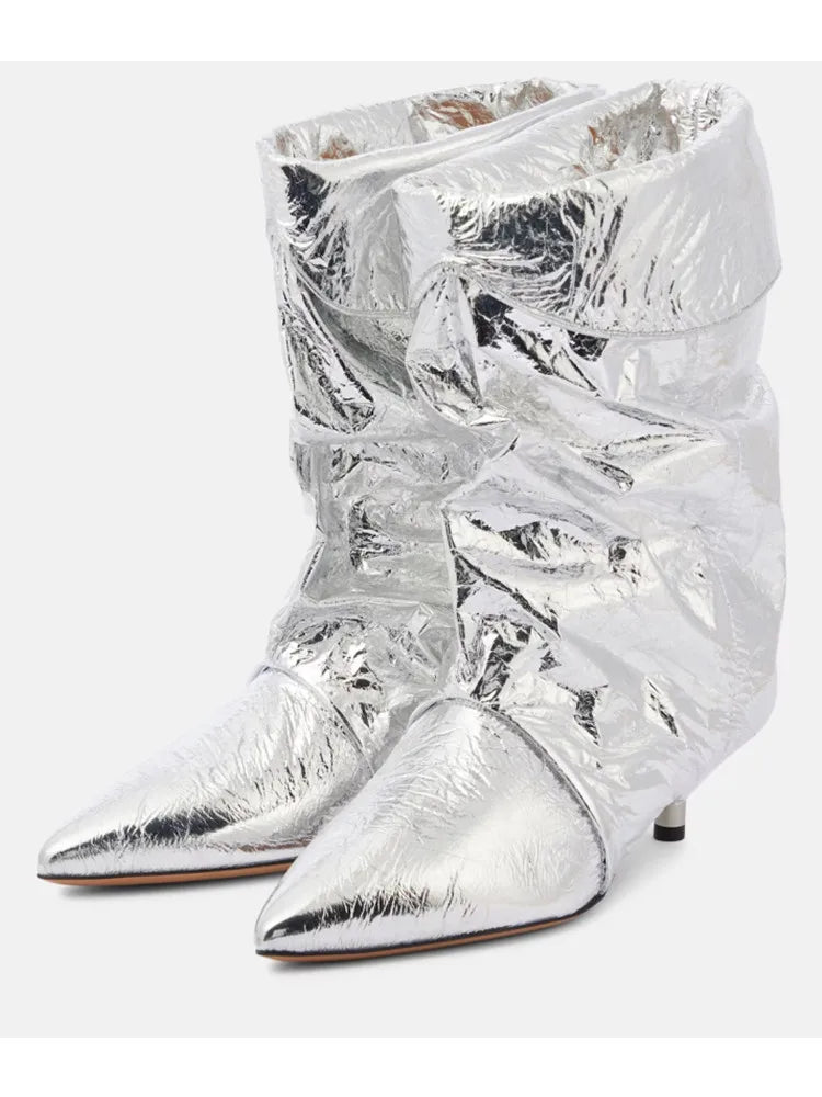 Women's Autumn and Winter New 5cm Slim Heel Fringed Calf Boots with Pointed Pleats, Women's Knight Boots, Mid Leg Boots