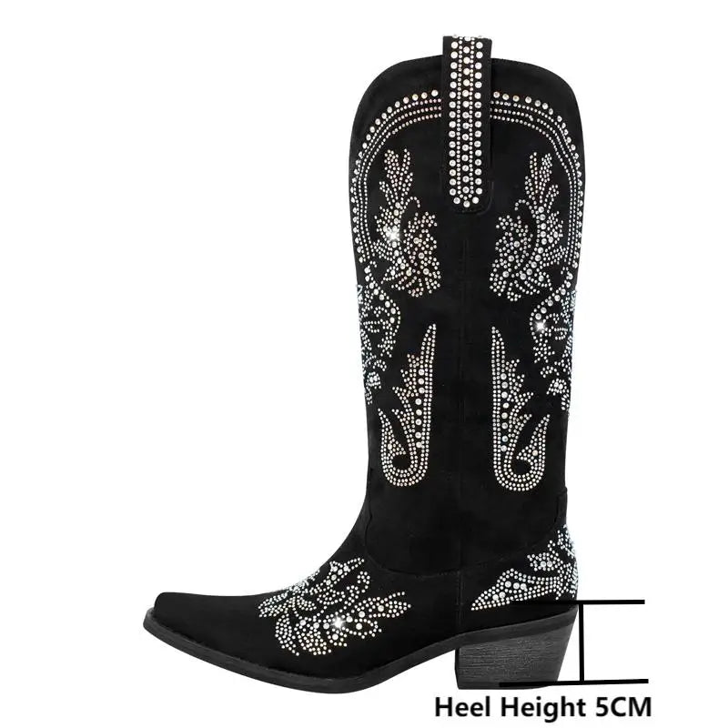 Women Pointed Toe Rhinestone Western Cowboy Boots Black  Female Wide Mid Calf Boots