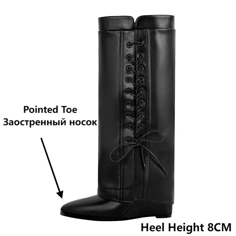 Onlymaker Women Wedge Boots Fold Knee High Heel Black Matte Big Size Female Boots