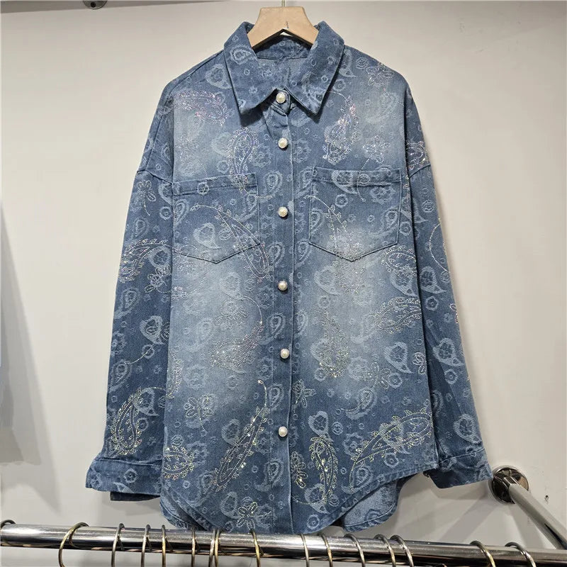 2026 Early Spring New Fashion Casual Regular Jacquard Rhinestone Denim Long Sleeve Shirt For Women Loose Style Top 11A08485