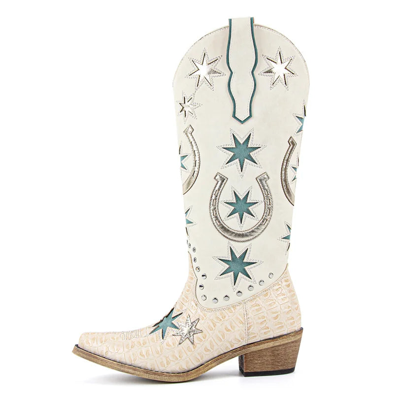 Onlymaker Women Embroidery Star Western Cowgirl Boots Pointed Toe Side Zipper Knee High with Chunky Heel  Boots