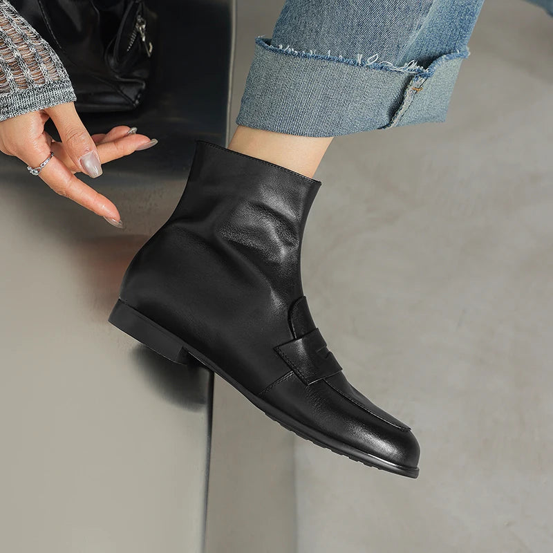 Women Handmade Genuine Leathee Round Toe Low Chunky Heel Full Soft and comfortable Zipper Ankle Boots 33-40