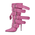 Onlymaker Women Pink Mid-Calf Boots Buckle Strap Thin High Heel Lady Zipper Female Pointed Toe  Stiletto Boots