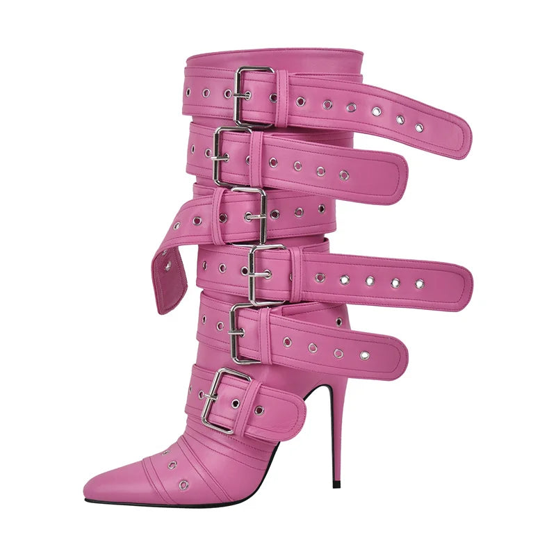 Onlymaker Women Pink Mid-Calf Boots Buckle Strap Thin High Heel Lady Zipper Female Pointed Toe  Stiletto Boots