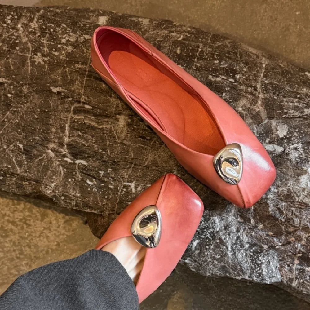 Handmade Genuine Leather Metal Low Hells Bottom Single Shoes for Women Spring Wedding New Soft Bottom Ultra Shoes
