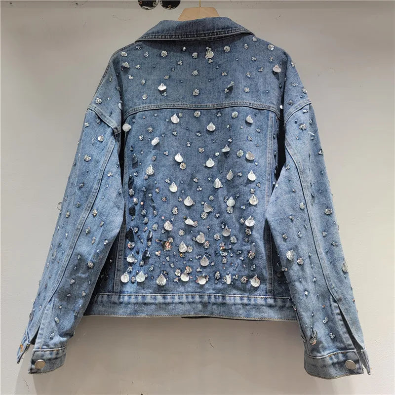 2026 Jeans Jacket Early Spring New Fashion Heavy Industry Sequin Long Sleeve Denim Jacket For Women Loose Versatile Coat Female 11A08309