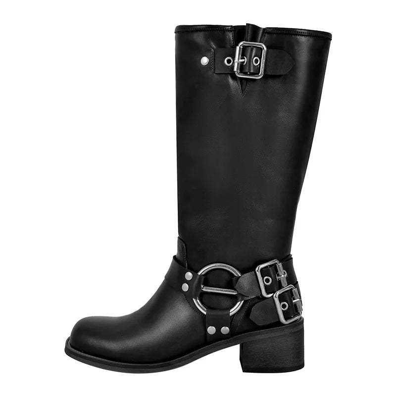 Onlymaker Women Gothic Black Round Toe Knee High Boots Heeled Metal Rivet Buckle Fashion 2023 Autumn Motorcycle Boots