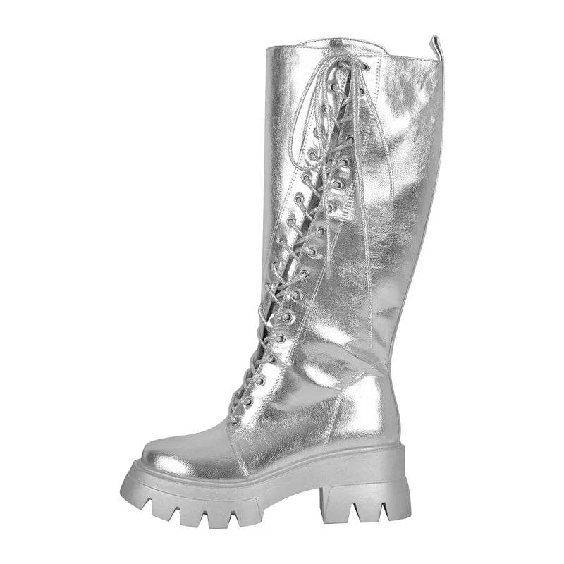 Onlymaker Women Silver Knee High Boots Round Toe Side Zipper Matte  Lace UP Plus Size Female Punk Boots