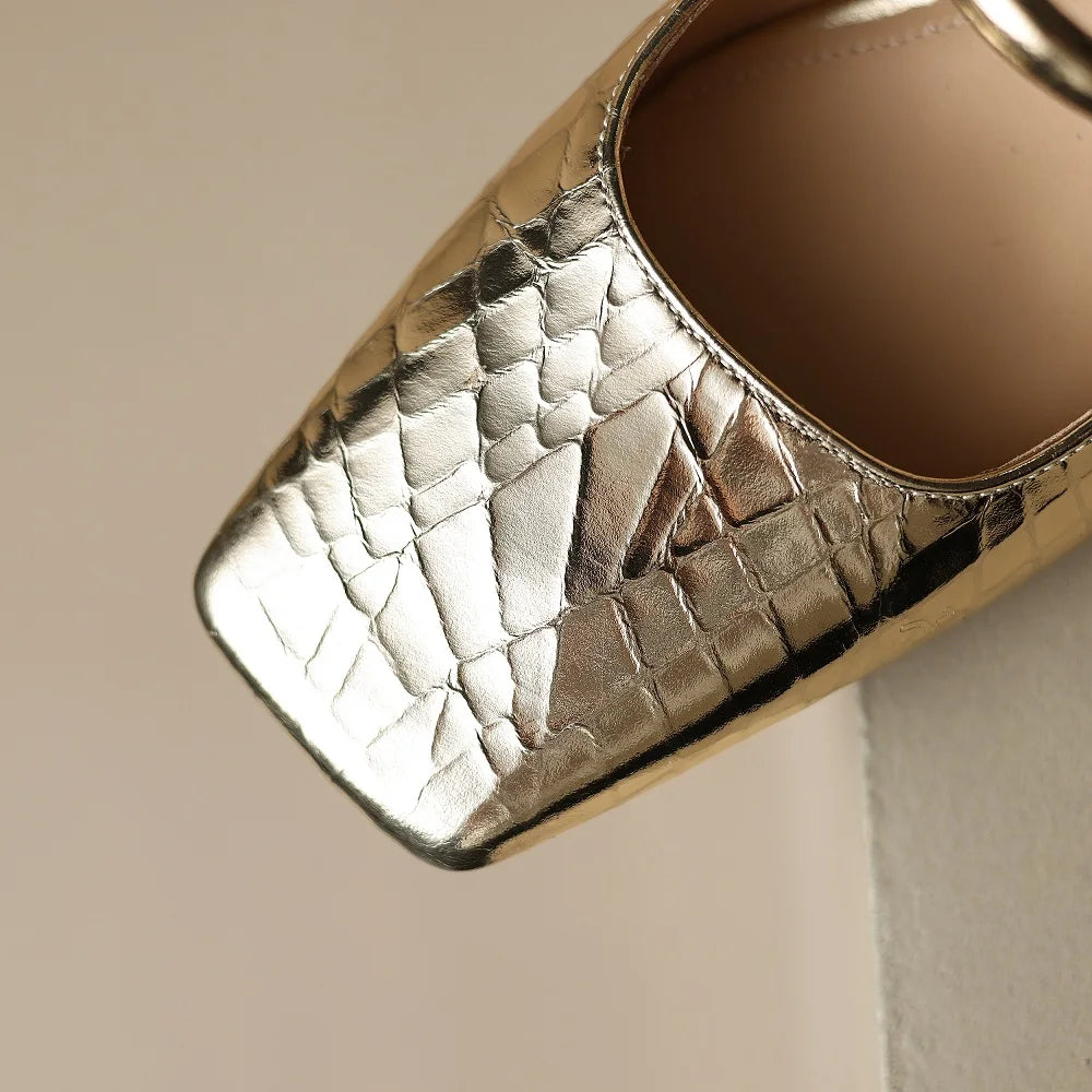 Women Brand High Heel Sandals Genuine Leather Square Toe Buckles Party Wedding Shoes Woman Elegant Pumps 33-43