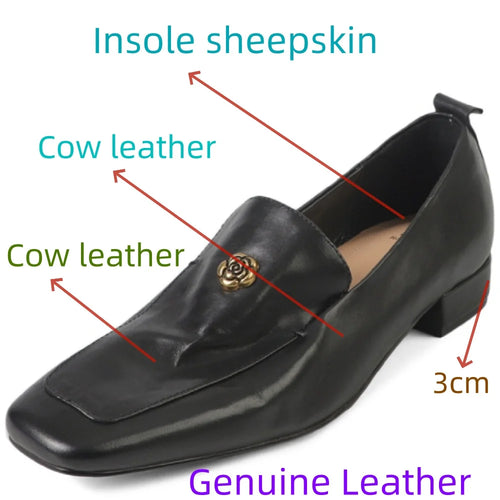 Handmade Genuine Leather Camellia Mid Heels Women's Retro British Style Bottom Shoes Metal Decor Pure Color 34-40