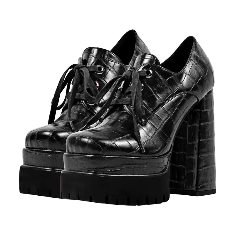 Women Pumps Double Platform Leather Patterned Lace Up Punk Fashion Shoes