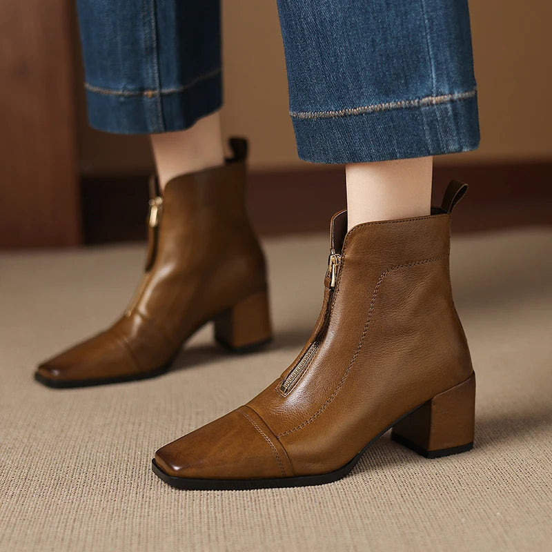 New Women Handmade Genuine Leather Soft comfortable High Heels Ankle Boots Square Toe Short Elegant Short 34-40