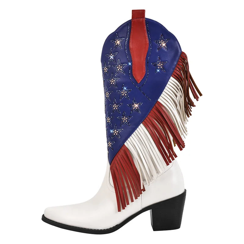 Onlymaker Women Pointed Toe Pull-on Knee High Fringe Cowgirl Boots Comfy Big Size Pull On Rhinestone Mid Calf Western Boots