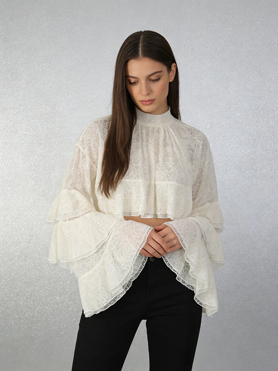 Romantic Dates Apricot Lace Cropped Blouse for Women Ruffled Flare Sleeves High Neck Sheer Fabric for Afternoon Tea