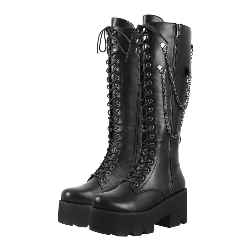 Onlymaker Platform Women Punk Booties Black PU Lace Up Mid Calf Chunky High Heels  Side Zip Big Size Motorcycle Boots