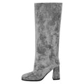 Onlymaker Square Toe Faux Suede Leather Knee-high Boots Chunky Heel Shoes Autumn Solid Slip On Fashion Elegant Boots