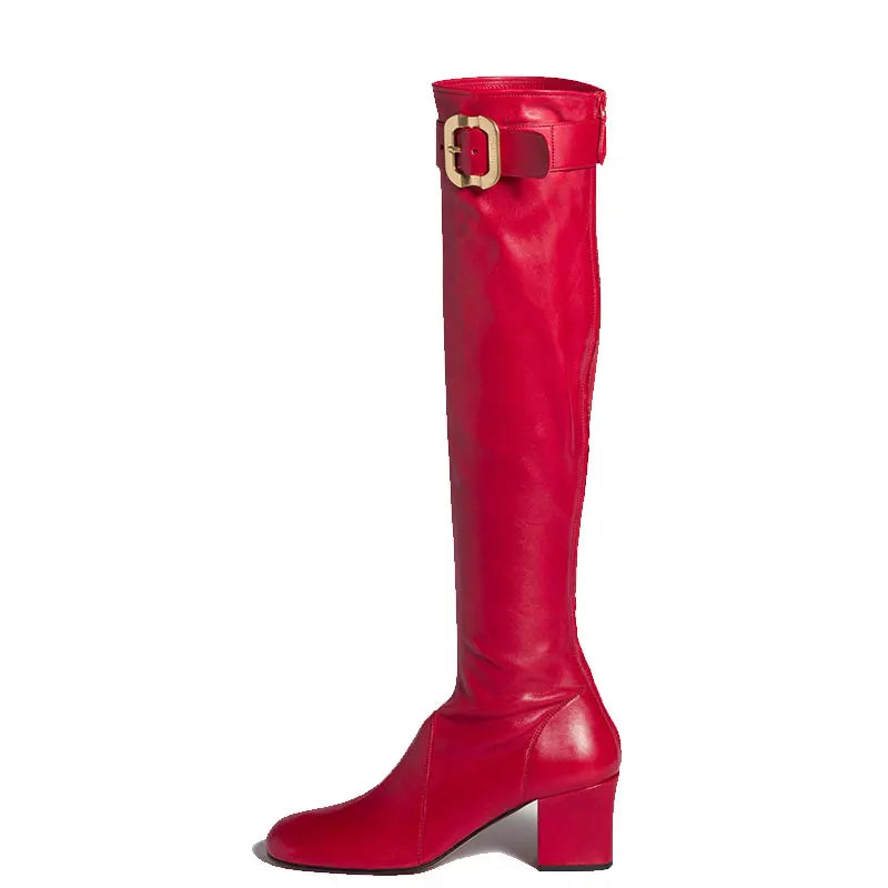 Women's New Thick High Heels Knee High Boots Autumn and Winter Round Toe Buckle Fashionable Mid Heel Boots Women's Short Boots