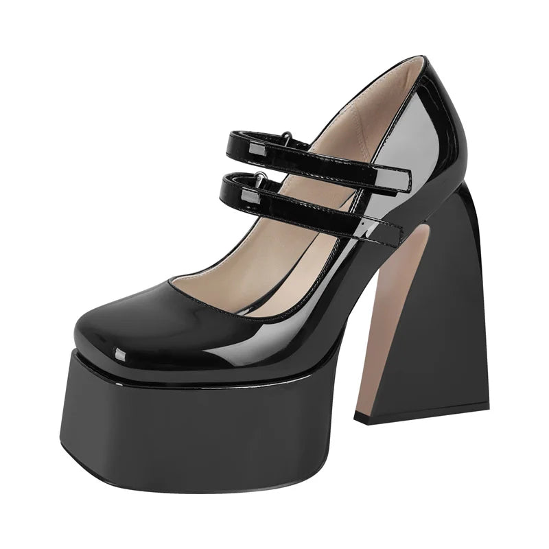 Women Pumps Mary-Jane Platform Black Patent Leather Chunky High Heels Ankle Strap Dress Party Plus Size Punk Shoes