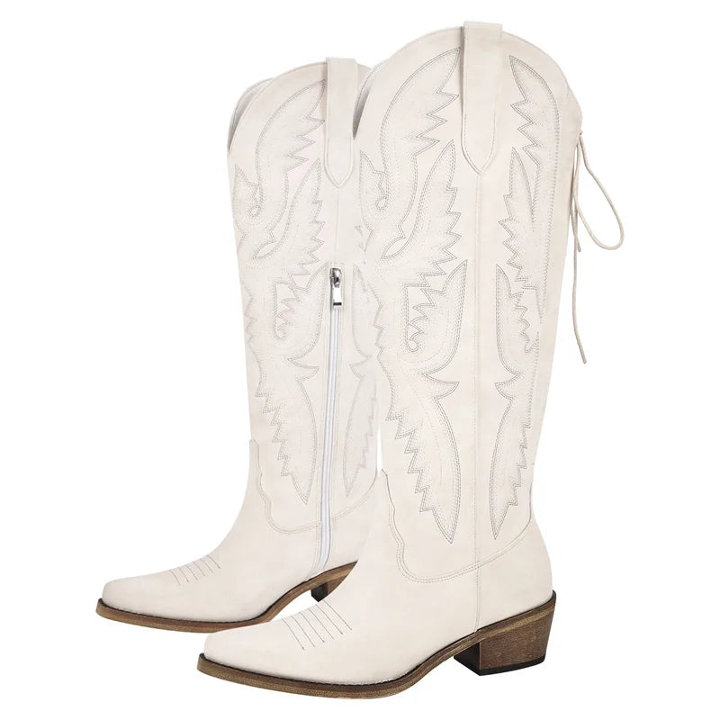 Onlymaker Women Pointed Toe Side Zipper Embroidered Western Cowboy Boots Block Heel Cowgirl Booties