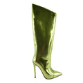 Onlymaker Women Metallic Sliver Leather Stiletto Knee High Boots Fashion Party Dress Thin Heels Winter Boots